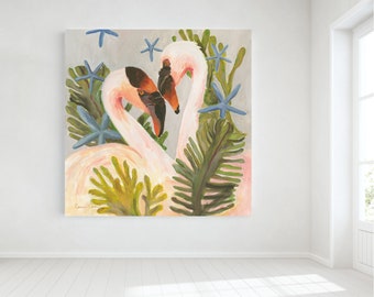 FLAMINGOS AND SEAWEED Art Unstretched Canvas Print, Flamingos With Blue Starfish and Seaweed Modern, Contemporary Wall Decor, Bird art,