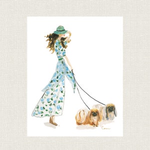 PEKINGESE DOG ART Art Print | Pekingese walking with dog lady in blue floral dress From Original Watercolor Painting