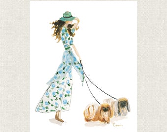 Pekingese Dog Art Print | Lady in Floral Dress Watercolor