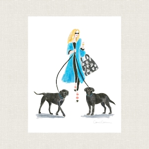 Personalizza razza/colore del cane, stampa artistica del cane BLACK LABRADOR RETRIEVER, stampa artistica con ragazza bionda in blu, regalo per amanti dei cani o amanti del labrador