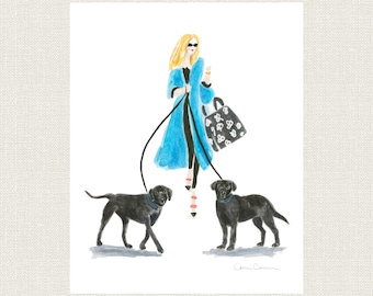 Customizable Labrador Dog Art Print, Blonde Woman in Blue