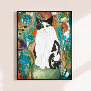 May include: A black and white cat with green eyes sits on a textured, green, brown, and blue background. The background is abstract and features swirls and lines.