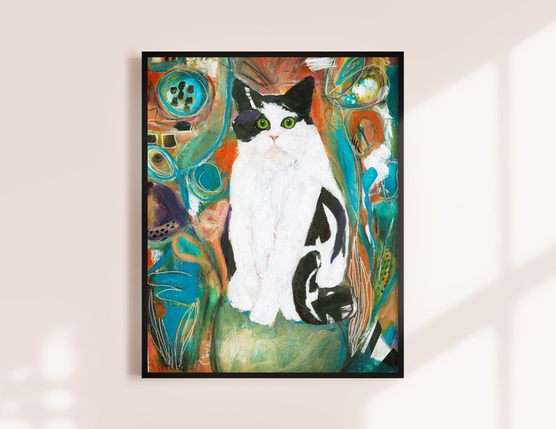 May include: A black and white cat with green eyes sits on a textured, green, brown, and blue background. The background is abstract and features swirls and lines.