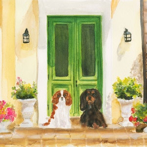 CAVALIER KING CHARLES Art Print, Blenheim and Black and Tan Cavalier on Front Porch, Dogs on Porches Collection