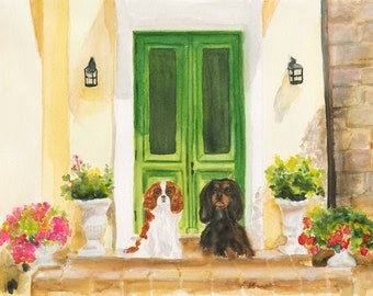 Impressão artística CAVALIER KING CHARLES, Blenheim e Cavalier preto e castanho na varanda da frente, coleção Dogs on Porches
