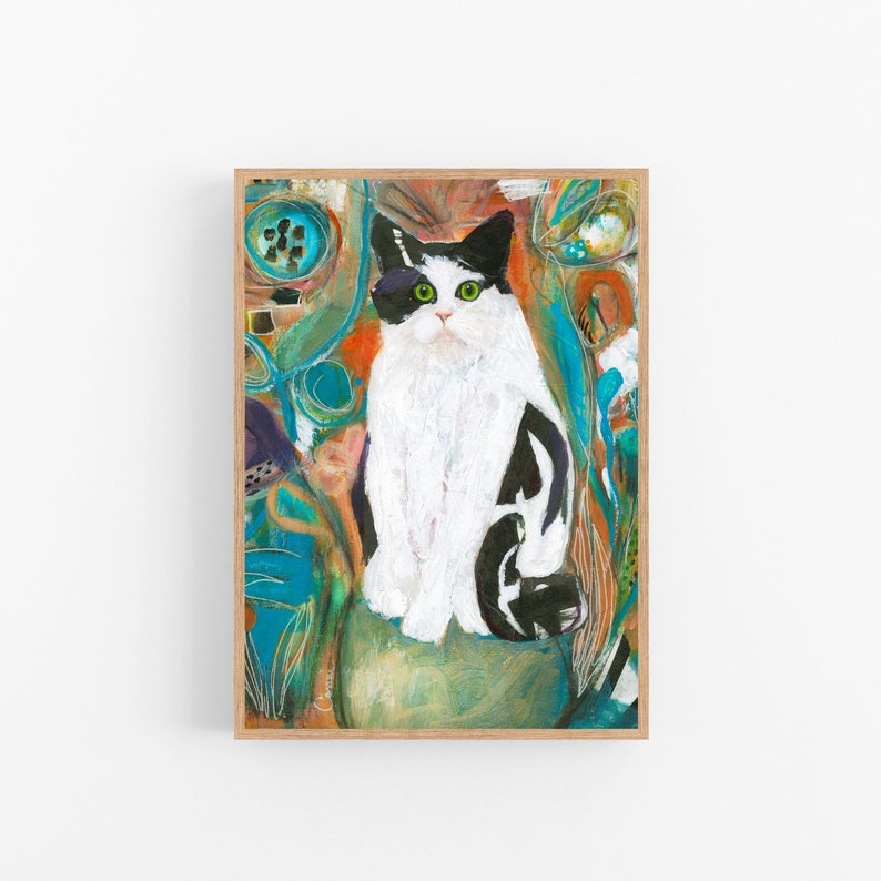 May include: A black and white cat with green eyes sits on a green and blue background. The background is a mix of abstract shapes and lines. The cat is looking directly at the viewer.