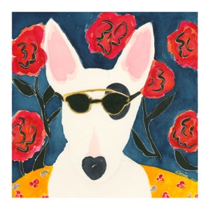 BULL TERRIER  DOG Art Print, ColorfulTerrier Painting, modern animal art with red flowers, Watercolor dog, Dog Art,