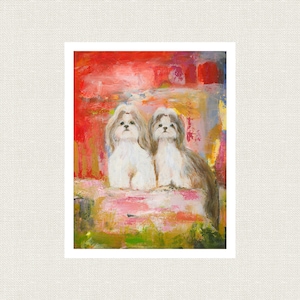 May include: Two white Shih Tzu dogs with brown markings sit on a pink and green textured surface against a red, orange, and yellow abstract background.