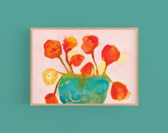 FLORAL ABSTRAKT BLUME Orange Blumen Wandkunst, Esszimmer Floral mit blaugrünem und goldenem Topf, moderne Küche, Esszimmer Kunst