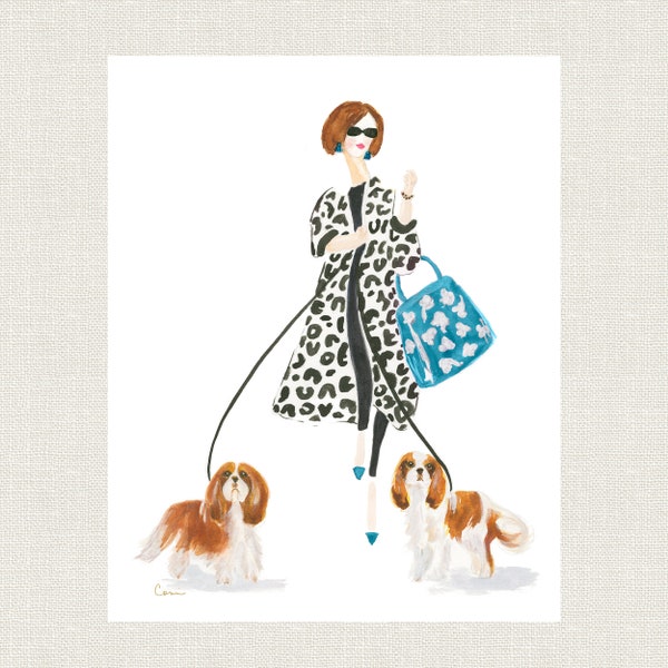 Cavalier King Charles Spaniel Kunstdruck | Leopard Mantel Mode Illustration
