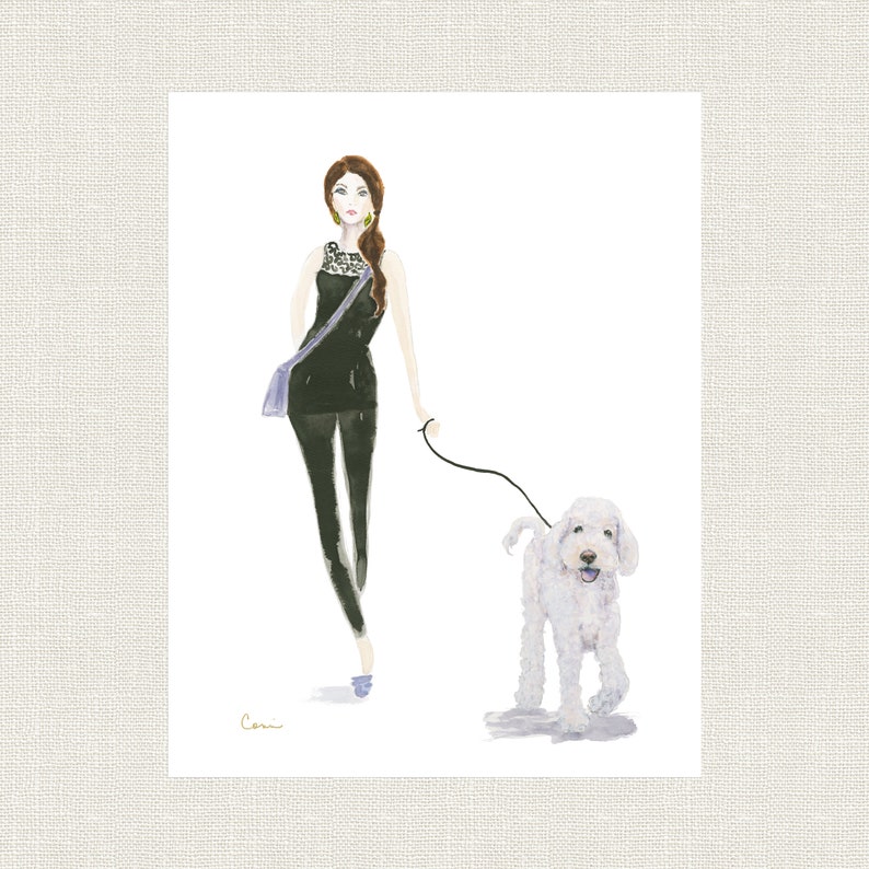 May include: Watercolour illustration of a woman walking a white dog. The woman wears a black outfit with a purple bag and gold earrings. The dog is on a lead. The artwork is signed "Cori".