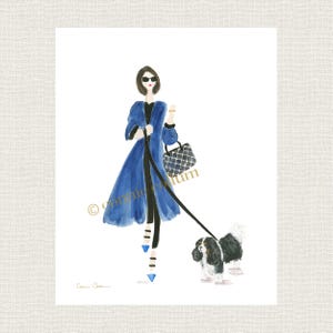 CAVALIER KING CHARLES Spaniel Art Print | Tri Cavalier with Dog Lady in Navy From Original Watercolor Painting