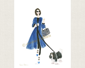 Cavalier King Charles-spaniël Art Print | Vrouw in marineblauwe aquarelverf
