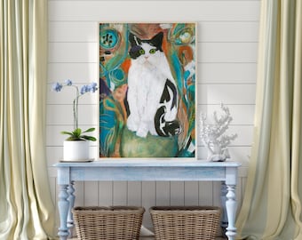 Whimsical Cat Art Print, Black and White Cat, Colorful Garden Decor