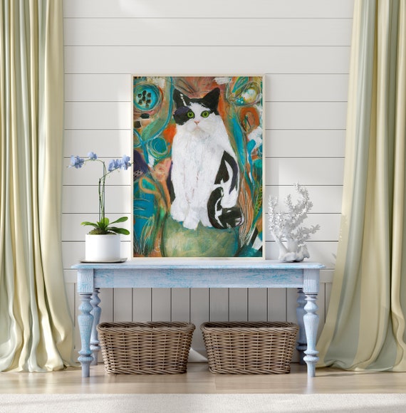 Whimsical Cat Art Print, Black and White Cat, Colorful Garden Decor