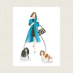 CAVALIER KING CHARLES Spaniel Art Print | Tri Cavalier with Dog Lady in Blue From Original Watercolor Painting