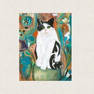 May include: A black and white cat with green eyes sits in a green pot with a colorful abstract background. The cat is looking directly at the viewer.