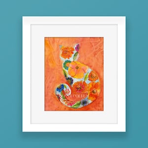 ORANGE GINGER CAT with Flowers Abstract Art Print