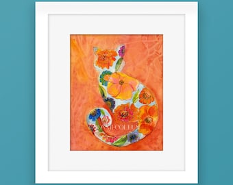 ORANGE GINGER CAT with Flowers Abstract Art Print