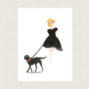 ART PRINT, Black Labrador Retriever dog art print with blonde girl in black dress, gift for dog lover or lab lover