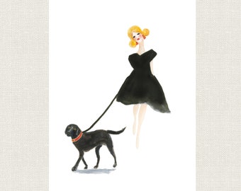 ART PRINT, Black Labrador Retriever dog art print with blonde girl in black dress, gift for dog lover or lab lover