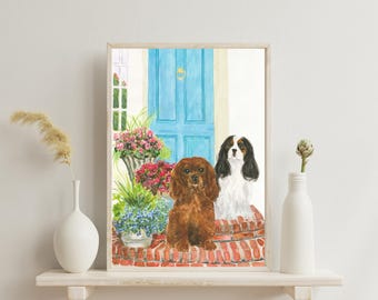 CAVALIER KING CHARLES Spaniel Dog Art Print with  Ruby and Tri Cavalier Dogs