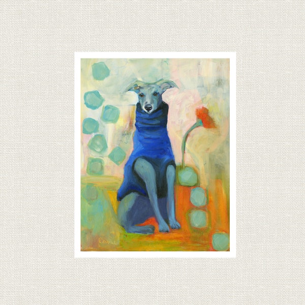 ITALIAN GREYHOUND DOG Art Print With Blue Coat and Orange Flower, Contemporary dog artwork from original oil painting