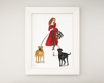 May include: A watercolor painting of a woman in a red coat walking two dogs on leashes. The woman is wearing sunglasses and carrying a black and white patterned handbag. The dogs are a brown and black dog and a black dog.