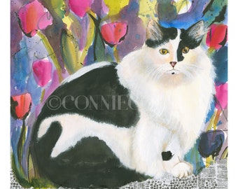 COLORFUL ABSTRACT CAT Art Black & White Tuxedo Cat with Pink Flowers. Colorful Contemporary Art Print for Cat Lovers