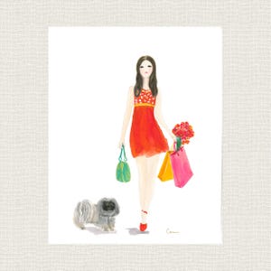 PEKINGESE DOG ART Print | Pekingese walking with dog lady in orange dress From Original Watercolor Painting