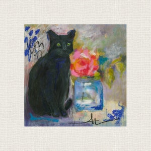 BLACK Cat with FLOWERS ART Print From Original Mixed Media Painting