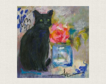 BLACK Cat ART Print From Original Mixed Media Painting