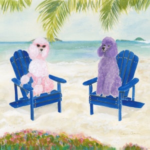 Poodle Dog Art Print, Pink and Lavender Poodles on the Beach Wall Art,  Poodle Dog Art, Watercolor Poodle Print, Standard Poodle Art