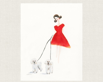 May include: A watercolor painting of a woman in a red dress walking two white poodles on leashes.
