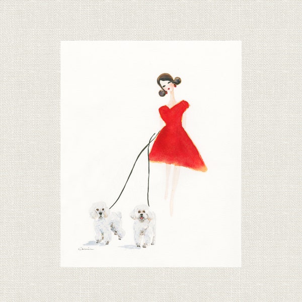 TOY POODLES CONTEMPORARY Colorful Art Print with Lady in Red Dress