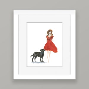 BLACK LABRADOR RETRIEVER Dog Art Print,art print with brunette girl in red , gift for dog lover or lab lover
