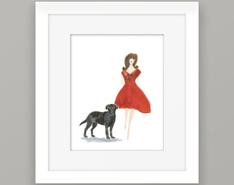 Black Labrador Retriever Art Print, Brunette in Red Dress