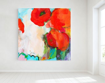 Rode bloemen abstracte kunstprint, hedendaagse giclee muurkunst