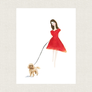 TOY POODLE CONTEMPORARY or Customize with your dog breed/color. Colorful Art Print with Lady in Red Dress