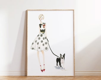 Boston Terrier Art Print, Woman Walking Dog (Customize Dog)