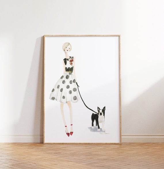BOSTON TERRIER DOG Art Print Walking with Woman or Customize with your Dog