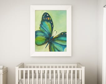 BUTTERFLY PAINTING ART Print Colorful Contemporary  Green & Teal Butterfly for home, nursery, office decor