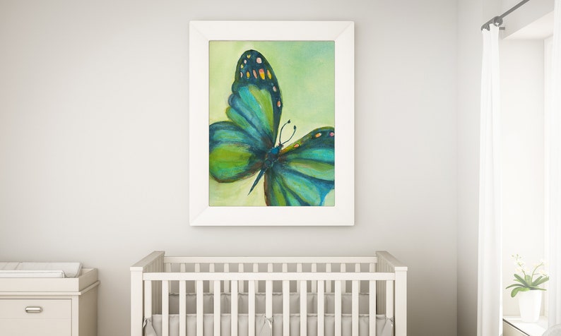 BUTTERFLY PAINTING ART Print Colorful Contemporary Green & Teal Butterfly for home, nursery, office decor image 1