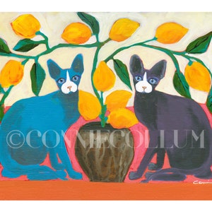 SPHYNX CAT ART Print, Whimsical, Colorful Sphynx cats with lemon tree from my original painting &quot;Lemon Mews&quot;