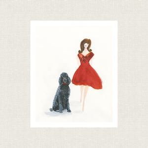 STANDARD POODLE ART Print With Girl In Red Dress  from my Original Watercolor Painting
