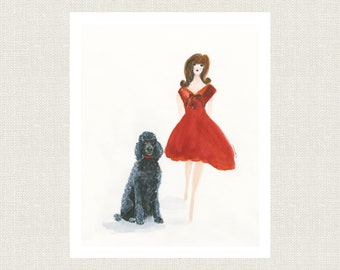 Op de afbeelding: Een aquarel schilderij van een vrouw in een rode jurk en een zwarte poedel. De vrouw heeft bruin haar en draagt een rode jurk met een zwarte riem. De poedel zit naast haar en kijkt naar de kijker.