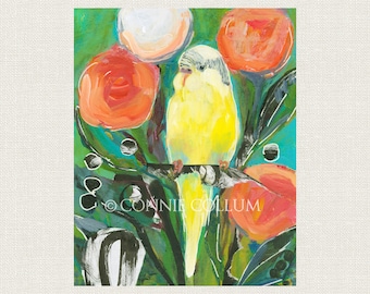 YELLOW PARAKEET ART Print with pink flowers in garden art print for office, nursery, home decor "Sitting with Peonies"