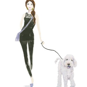 May include: Watercolour illustration of a person walking a white dog on a lead. The person wears a black outfit with a purple bag. The dog is fluffy, and the artwork has a soft, artistic style.