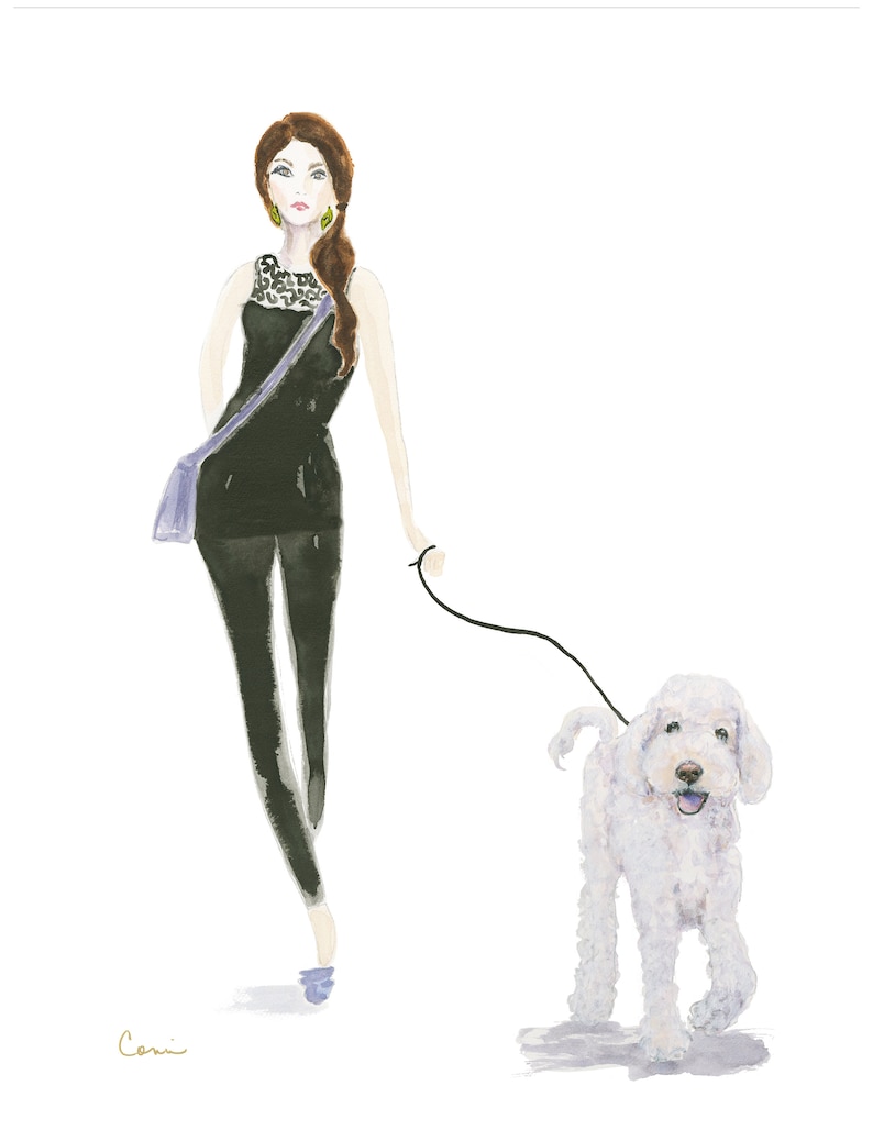 May include: Watercolour illustration of a person walking a white dog on a lead. The person wears a black outfit with a purple bag. The dog is fluffy, and the artwork has a soft, artistic style.
