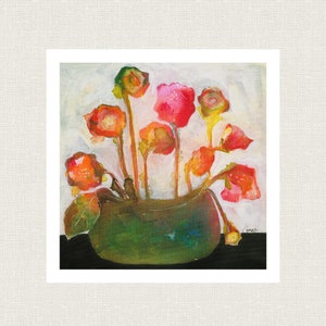 ABSTRACT MODERN PINK and Orange Flower Wall Art Paper Print, Pink blossoms with green pot, modern colorful paper print